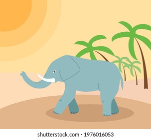 African elephant walks through the desert, a landscape of sultry day in the desert sand and palm trees. Vector illustration in a flat style.