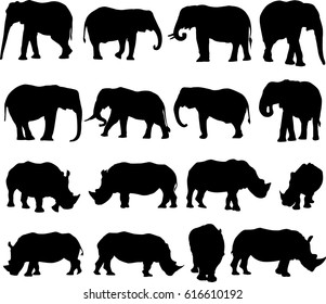 African elephant and white rhinoceros silhouette contour
