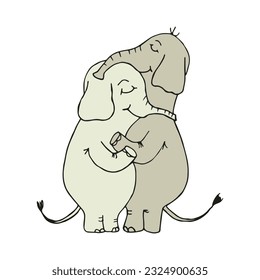 African Elephants Hugging isolated on transparent background. World Hug Day. Children's drawing. Elephant hand drawn. Vector illustration.