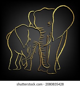 African elephants painting brush stroke ,vector design with golden border