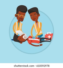 African emergency doctors doing cardiopulmonary resuscitation of a man. Emergency doctors during process of resuscitation of man. Vector flat design illustration in the circle isolated on background.
