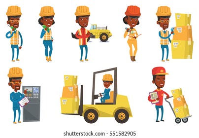 African engineer working on control panel. Engineer pressing button on control panel. Engineer standing in front of control panel. Set of vector flat design illustrations isolated on white background.