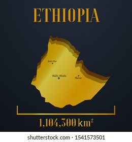 African Ethiopia golden 3d solid country outline silhouette, realistic piece of world map template, for infographic, vector illustration, isolated object, background. From countries set