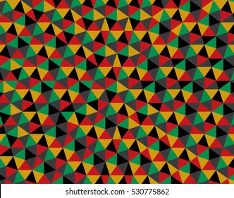 African Ethiopian Colors Repeating Pentagon Shape Pattern Wallpaper Based on Penrose Mosaic - Green Grey Red and Yellow Elements on Black Background - Flat Graphic Style