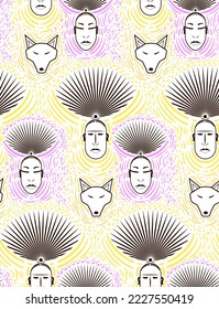 African Ethnic Aztec Cartoon doodle style Hand drawn psychedelic seamless Pattern, Wild life, Doodle element woman, man illustration, Motifs shapes, fun, designed for case, womanswear
