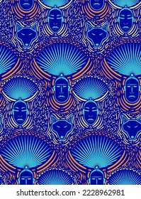 African Ethnic Aztec Cartoon doodle style Hand drawn psychedelic seamless Pattern, Wild life, Doodle element woman, man illustration, Motifs shapes, fun, designed for case, womanswear
