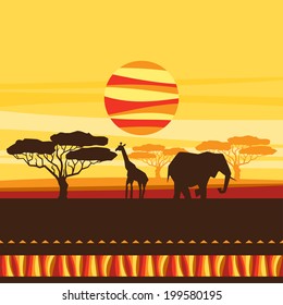 African ethnic background with illustration of savanna.