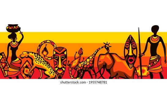 African ethnic background. People, animals and masks.