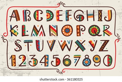 African ethnic bright vector alphabet Hand drawn graphic font Primitive simple stylized design 