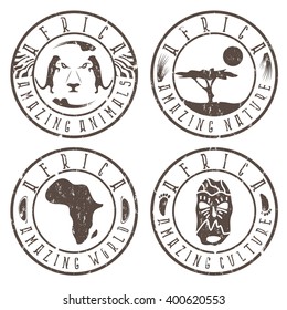 African ethnic culture ,animals and nature grunge labels set