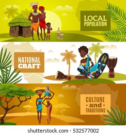 African ethnic culture traditional clothing arts and crafts 3 flat horizontal natural background banners isolated vector illustration