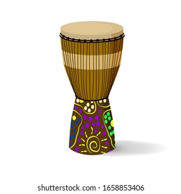 African ethnic drum with national pattern. Isolated on a white layer. Vector illustration in cartoon style.