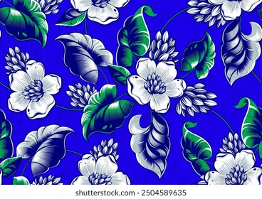 african ethnic flower seamless pattern, textile art, blue texture background, tropical hibiscus flora fashion fabric artwork for screen print clothes