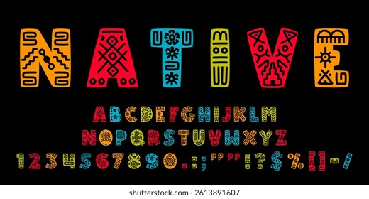 African ethnic font, tribal safari typeface, american native type, ornament letters alphabet vector typography. Color letters and numbers font set with african mexican and aztec ethnic line pattern