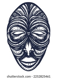 African ethnic mask. Africa elements. Old school tattoo vector art. Hand drawn graphic. Isolated on white. Traditional flash tattooing style