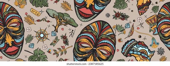 African ethnic mask and Africa map. Old school tattoo vector seamless pattern. Hand drawn graphic