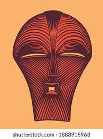 African ethnic mask. Hand drawn graphic engraving. Editable vector vintage illustration. Isolated on color background. 8 EPS