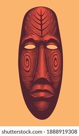 African ethnic mask. Hand drawn graphic engraving. Editable vector vintage illustration. Isolated on color background. 8 EPS
