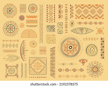 African ethnic ornaments collection. Tribal style mexican or maya texture. Geometric patterns and decoration, indian style borders. Classy vector decor set