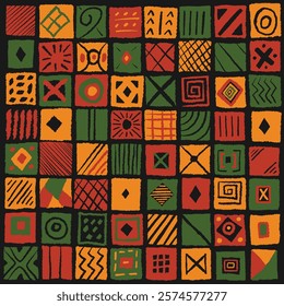 African ethnic pattern. Square tiles with abstract geometric lines and ornaments. Red yellow green simple hand drawn textured tribal background