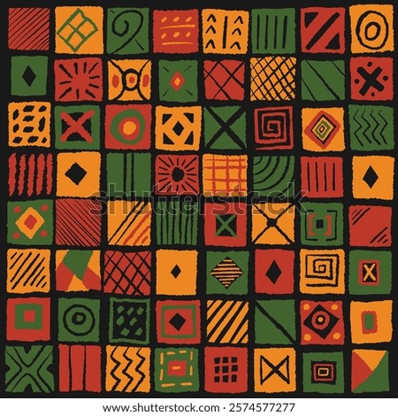 African ethnic pattern. Square tiles with abstract geometric lines and ornaments. Red yellow green simple hand drawn textured tribal background