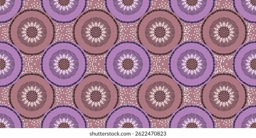 African ethnic purple pattern. beautiful Kitenge seamless circle, chitenge style. fashion traditional design in colorful. geometric circle abstract motif. Floral Ankara prints, African wax prints.