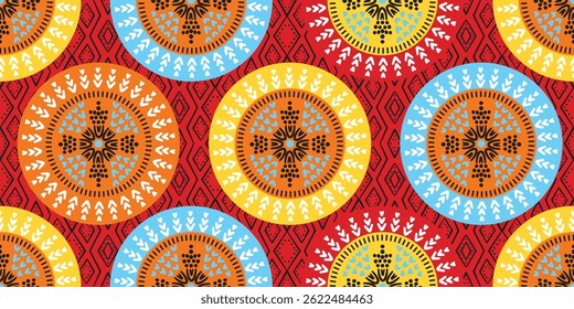 African ethnic red pattern. beautiful Kitenge seamless circle, chitenge style. fashion traditional design in colorful. geometric circle abstract motif. Floral Ankara prints, African wax prints.