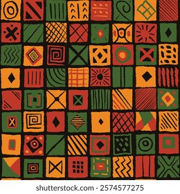 African ethnic seamless pattern background with vivid bold quare tiles blocks with abstract geometric lines and ornaments. Red yellow green simple hand drawn textured tribal print for Black history