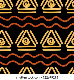 African ethnic seamless pattern for fabric, textile, paper. Vector bright illustration on black background.