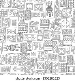 African ethnic seamless pattern. Hand drawn traditional symbols of the peoples of Africa on a white background. Vector illustration. 