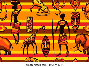 African ethnic seamless pattern. People, animals and masks.