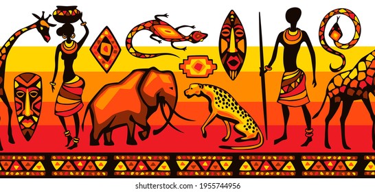 African ethnic seamless pattern. People, animals and masks.