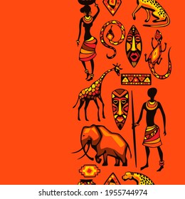 African ethnic seamless pattern. People, animals and masks.