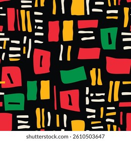 African ethnic seamless pattern in red, yellow, green colors with large multi colored cells checkered texture. Ornate for printing, wrapping and packaging. Vector isolated on black background