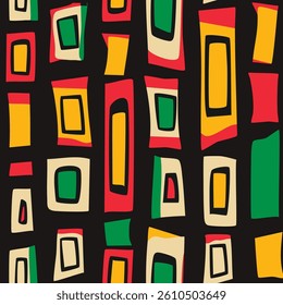 African ethnic seamless pattern in red, yellow, green colors with large multi colored cells checkered texture. Ornate for printing, wrapping and packaging. Vector isolated on black background