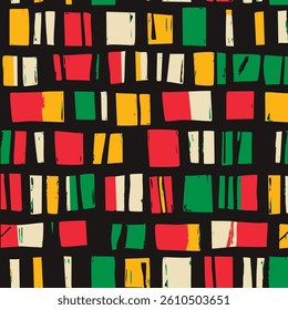 African ethnic seamless pattern in red, yellow, green colors with large multi colored cells checkered texture. Ornate for printing, wrapping and packaging. Vector isolated on black background