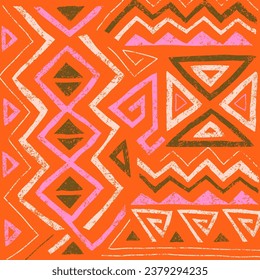 African ethnic seamless pattern in tribal style. Trendy abstract geometric background with grunge texture. Unique design elements for textile, banner, cover, wallpaper, wrapping