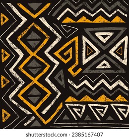 African ethnic seamless pattern in tribal style. Trendy abstract geometric background with grunge texture. Unique design elements for textile, banner, cover, wallpaper, wrapping