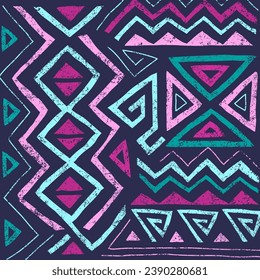Afrikanisches, nahtloses Muster im Stammesstil. Trendy abstrakter geometrischer Hintergrund mit Grunge-Textur. Einzigartige Design-Elemente für Textilien, Banner, Deckel, Tapeten, Umhüllung