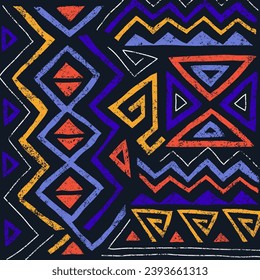 African ethnic seamless pattern in tribal style. Trendy abstract geometric background with grunge texture. Unique design elements for textile, banner, cover, wallpaper, wrapping