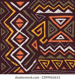 African ethnic seamless pattern in tribal style. Trendy abstract geometric background with grunge texture. Unique design elements for textile, banner, cover, wallpaper, wrapping