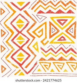 African ethnic seamless pattern in tribal style. Trendy abstract geometric background with grunge texture. Unique design elements for textile, banner, cover, wallpaper, wrapping