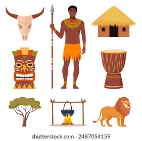 Iconos de estilo étnico africano. Máscara africana, tambor de djembe, gente, animales, jarrón, choza. Vector