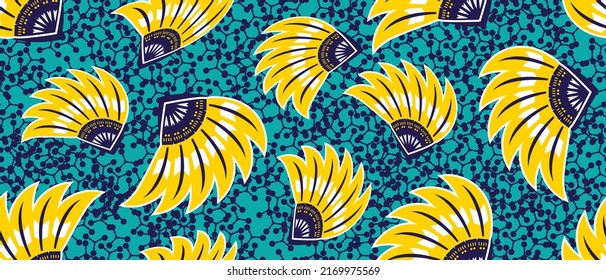 African ethnic traditional blue background pattern. seamless beautiful Kitenge, chitenge style. fashion design in colorful. Geometric abstract motif. yellow Floral Ankara prints, African wax prints.