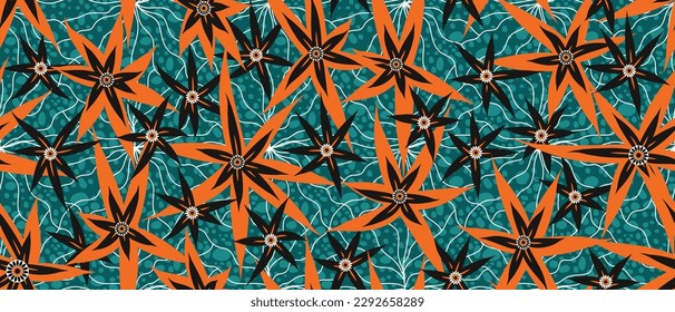 African ethnic traditional blue green pattern. seamless beautiful Kitenge, chitenge, Ankara style. fashion design in colorful. orange flower motif. Ankara prints, African wax prints