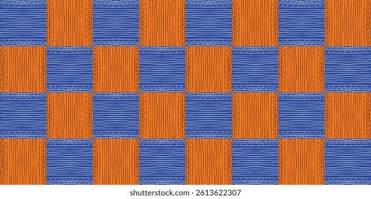 African ethnic traditional Blue, Orange pattern. seamless beautiful Kitenge, chitenge, Dutch wax style. fashion design in colorful. Square abstract motif. Ankara prints, African wax prints.