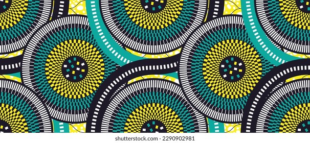 African ethnic traditional blue pattern. seamless beautiful Kitenge, chitenge, Ankara style. fashion design in colorful. Geometric circle motif. Curvy wave Ankara prints, African wax prints