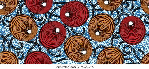African ethnic traditional blue pattern. seamless beautiful Kitenge, chitenge, Ankara style. fashion design in colorful. Geometric circle abstract motif. Curvy wave line, African wax prints