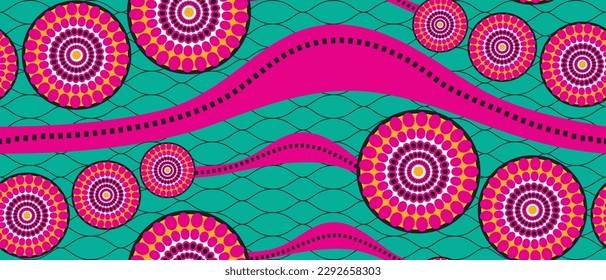 African ethnic traditional blue pattern. seamless beautiful Kitenge, chitenge, Ankara style. fashion design in colorful. Geometric pink circle and curvy wave abstract motif. African wax prints