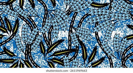 African ethnic traditional Blue pattern. seamless beautiful Kitenge, chitenge, dutch wax style. fashion design in colorful. botanical abstract motif. floral Ankara prints, African wax prints.